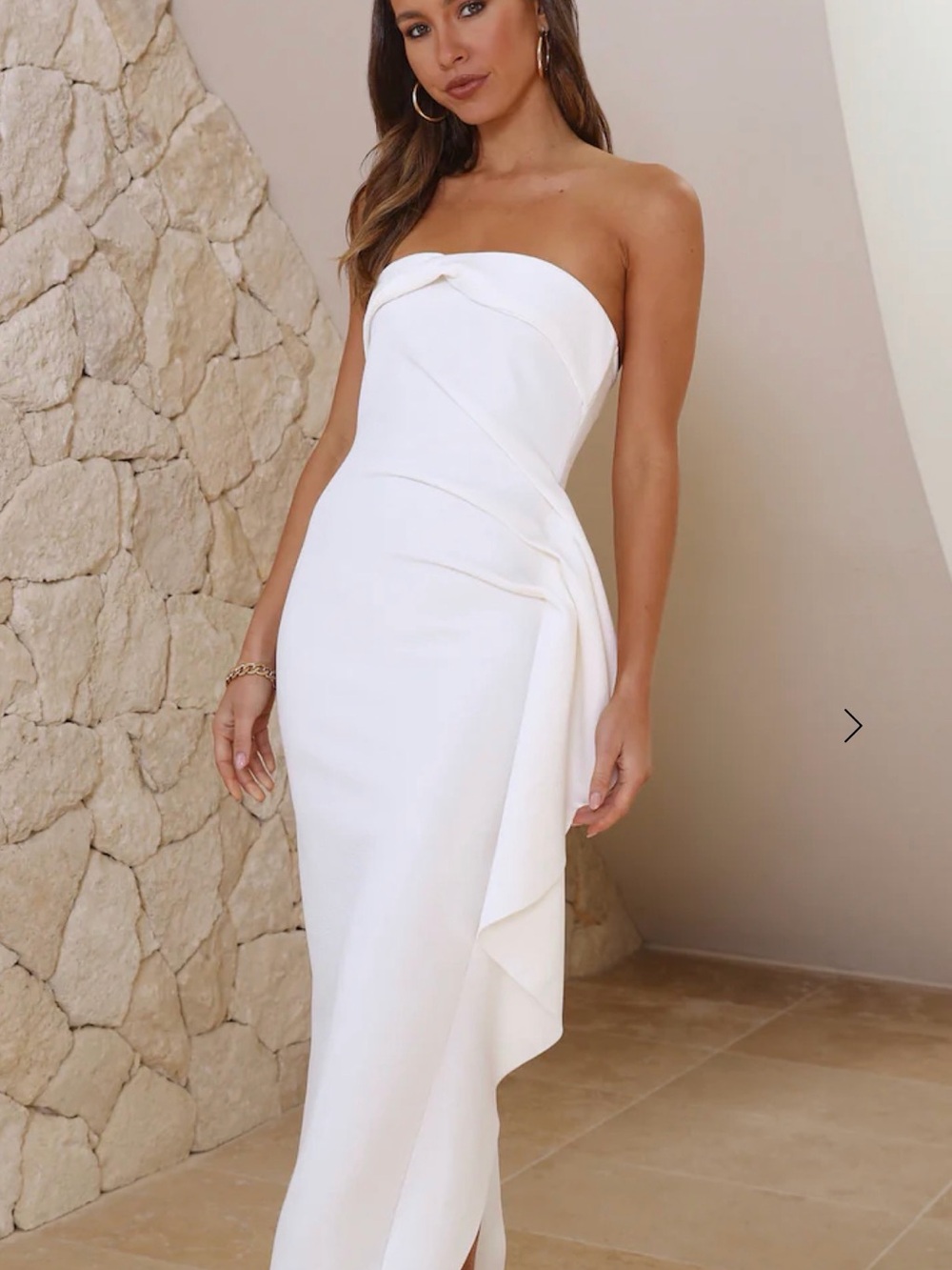 Hello Molly Strapless White Draped Midi Gown